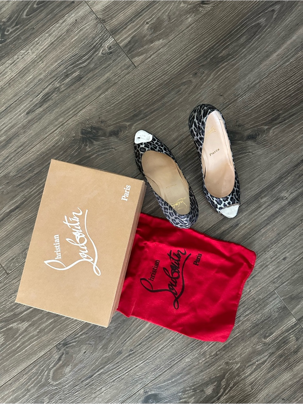 Christian Louboutin Grey Leopard Print Peep-Toe Stiletto Heels - Picture 8 of 8